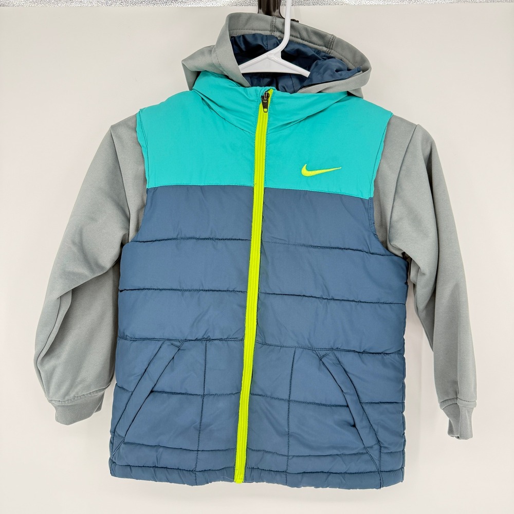 Nike Kids Puffer Jacket Hooded‎ Teal Blue Neon Yellow Swoosh Zip Size 6